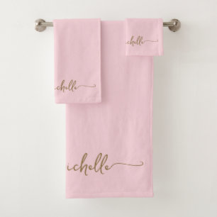 Stylish Gold Monogram Name Script Blush Pink Bath Towel Set