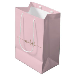 Stylish Gold Monogram Name Script Blush Pink  Larg Medium Gift Bag