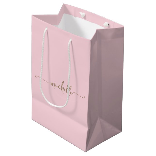 Stylish Gold Monogram Name Script Blush Pink  Larg Medium Gift Bag (Front Angled)