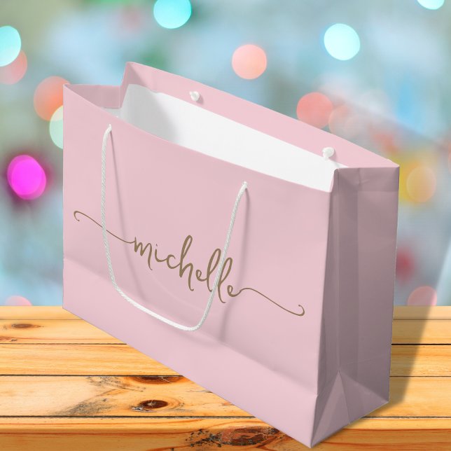 Stylish Gold Monogram Name Script Blush Pink  Large Gift Bag (Creator Uploaded)
