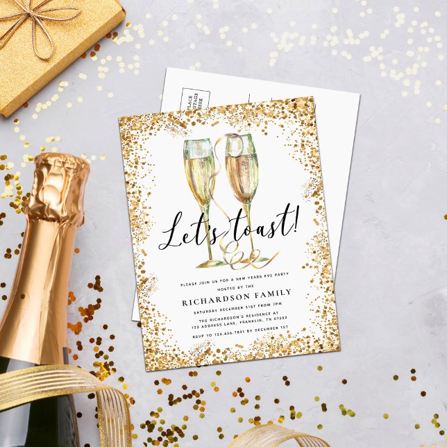 Stylish Gold New Years Party Invitation Postcard (Creator Uploaded)