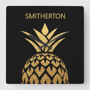 Stylish Gold Pineapple Black Family Name Square Wall Clock
