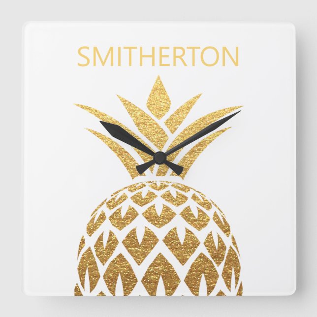 Stylish Gold Pineapple White Family Name  Square Wall Clock (Front)