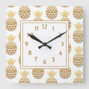 Stylish Gold PIneapples White  Square Wall Clock