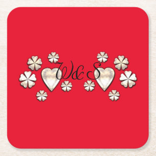 Stylish gold red hearts flowers personalised square paper coaster