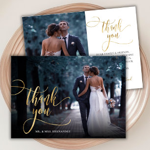 Stylish Gold Script 2 Photo Wedding Thank You Card