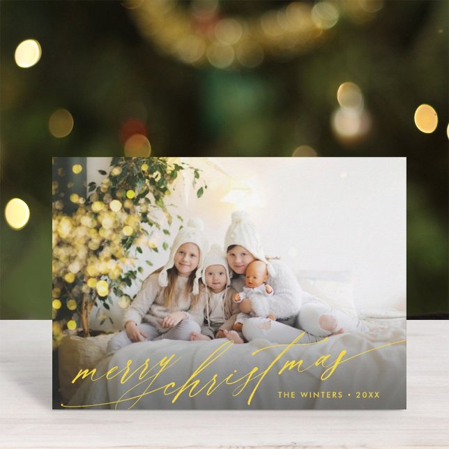 Stylish Gold Script Merry Christmas Photo Holiday Card (Creator Uploaded)