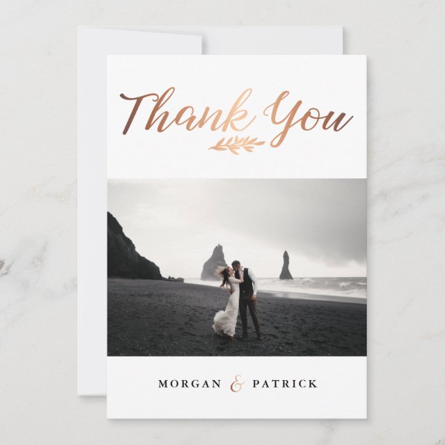 Stylish Gold Script Wedding Photo Thank You Card (Front)