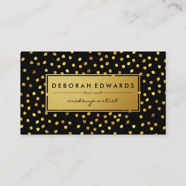Stylish Gold Speck Pattern Black with Golden Label Business Card (Front)