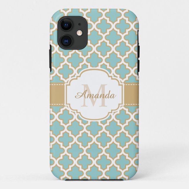 Stylish Gold Teal Blue Moroccan Pattern Monogram Case-Mate iPhone Case (Back)