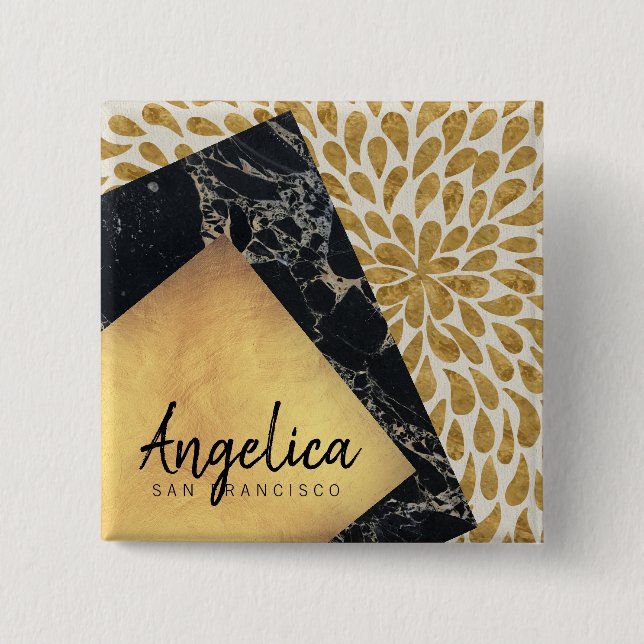 Stylish Gold Teardrop Paint Black Marble Monogram 15 Cm Square Badge (Front)