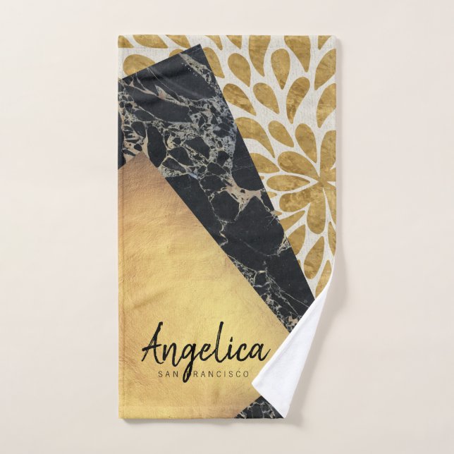 Stylish Gold Teardrop Paint Black Marble Monogram Hand Towel (Hand Towel)