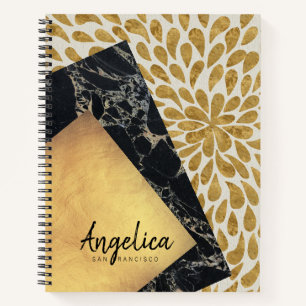 Stylish Gold Teardrop Paint Black Marble Monogram Notebook