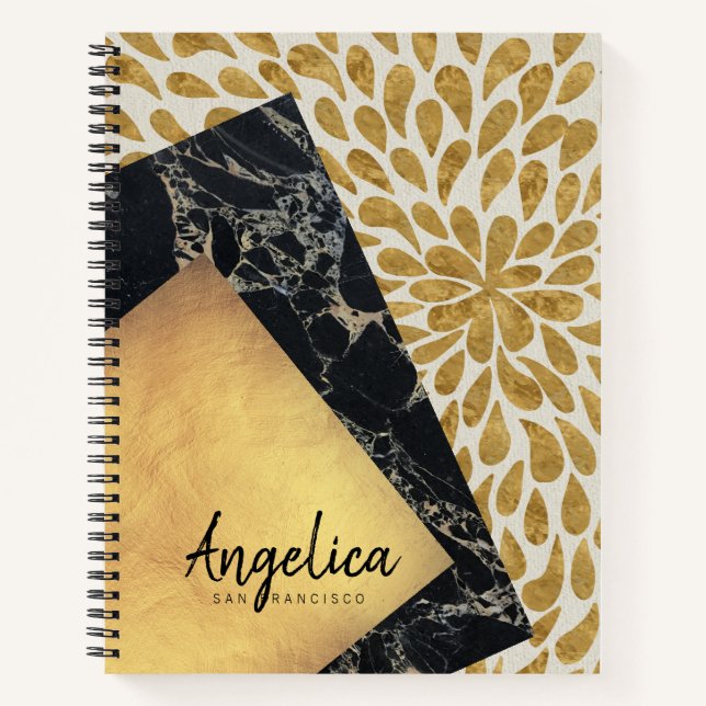 Stylish Gold Teardrop Paint Black Marble Monogram Notebook (Front)