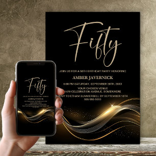 Stylish Gold Text Black 50th Birthday Party Invitation
