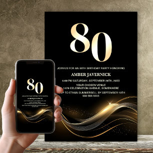 Stylish Gold Text Black 80th Birthday Party Invitation