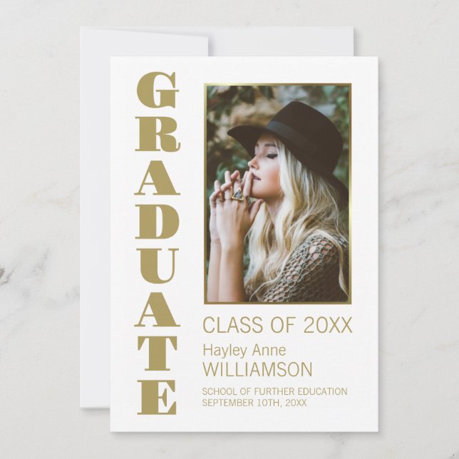 Stylish Gold Text Custom Photo Graduation Announcement (Front)