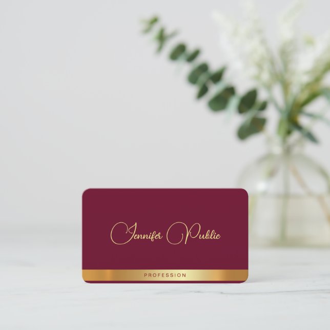 Stylish Gold Text Typography Script Name Ruby Red Business Card (Standing Front)