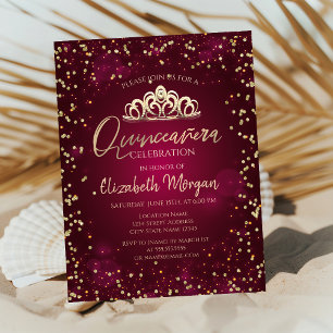 Stylish Gold Tiara,Diamonds Burgundy Quinceañera Invitation