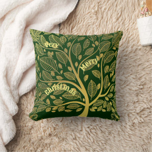 Stylish Gold Tree Of Life Foliage Merry Christmas Cushion