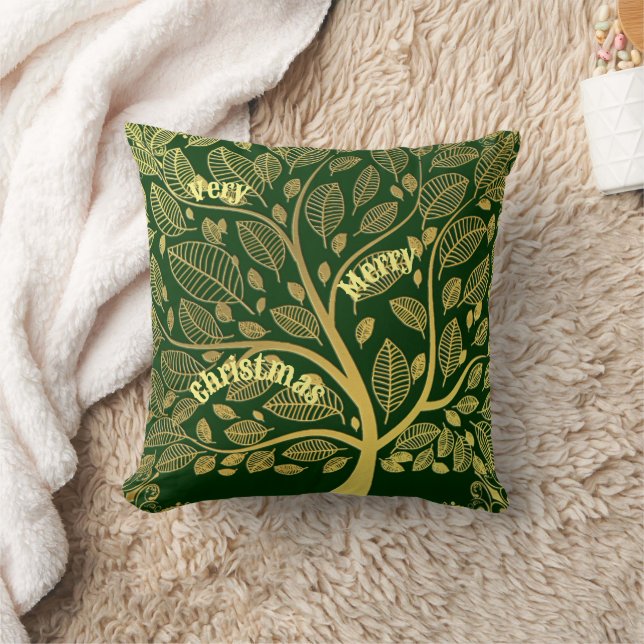 Stylish Gold Tree Of Life Foliage Merry Christmas  Cushion (Blanket)