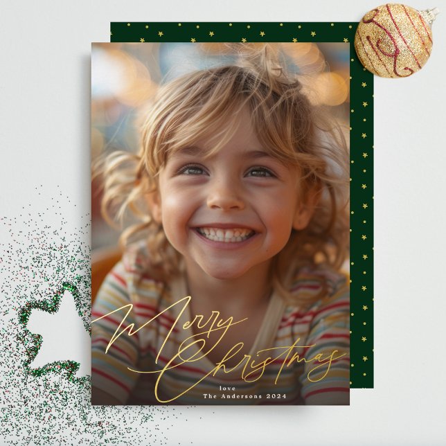 Stylish Gold Typography Merry Christmas Photo Foil Holiday Card (Creator Uploaded)
