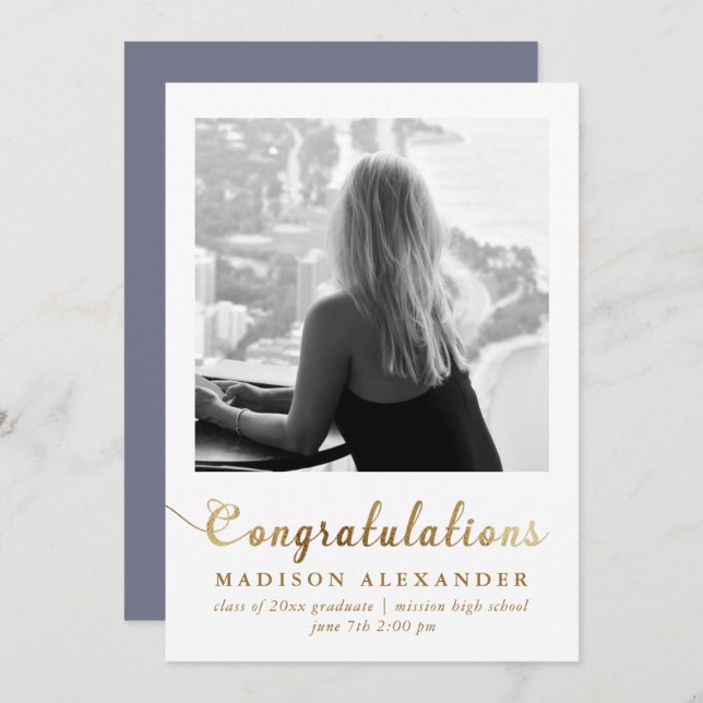 Stylish Gold Typography Photo Graduation Announcement (Front/Back)