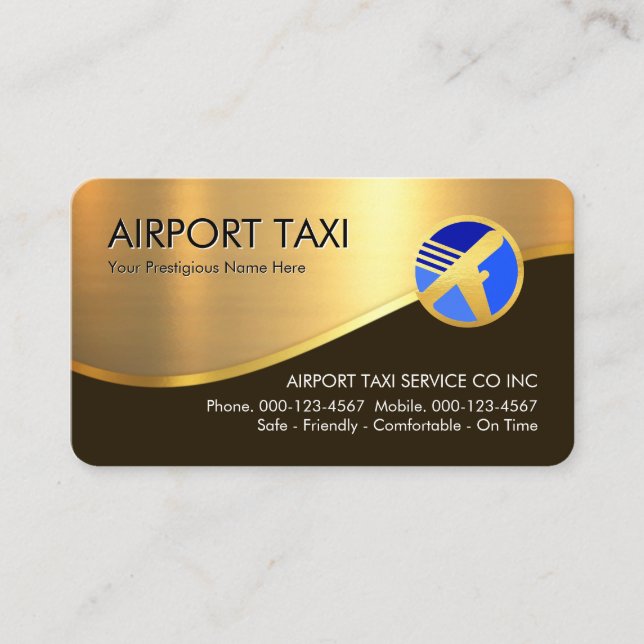 Stylish Gold Wave Airplane Airport Taxi Business Card (Front)