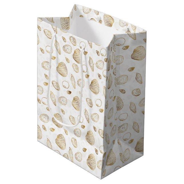 Stylish Gold White Seashells Pattern Medium Gift Bag (Front Angled)