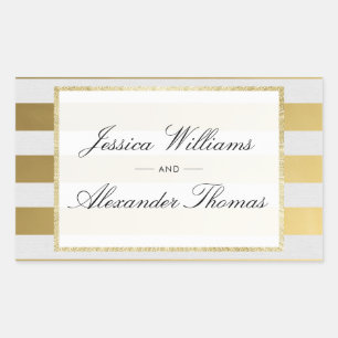 Stylish Gold & White Stripes Wedding Rectangular Sticker