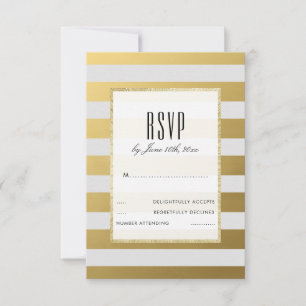 Stylish Gold & White Stripes Wedding RSVP Card