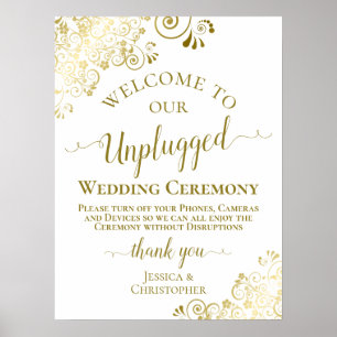 Stylish Gold & White Unplugged Wedding Ceremony Poster