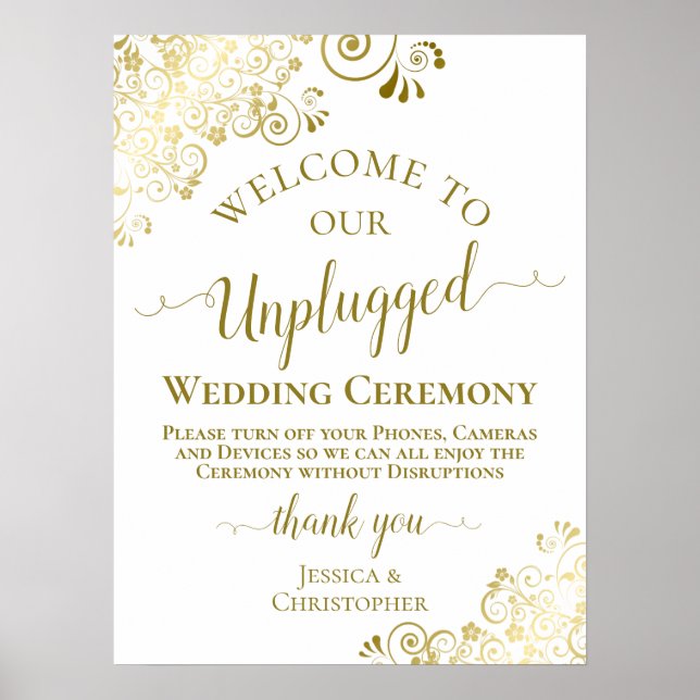 Stylish Gold & White Unplugged Wedding Ceremony Poster (Front)