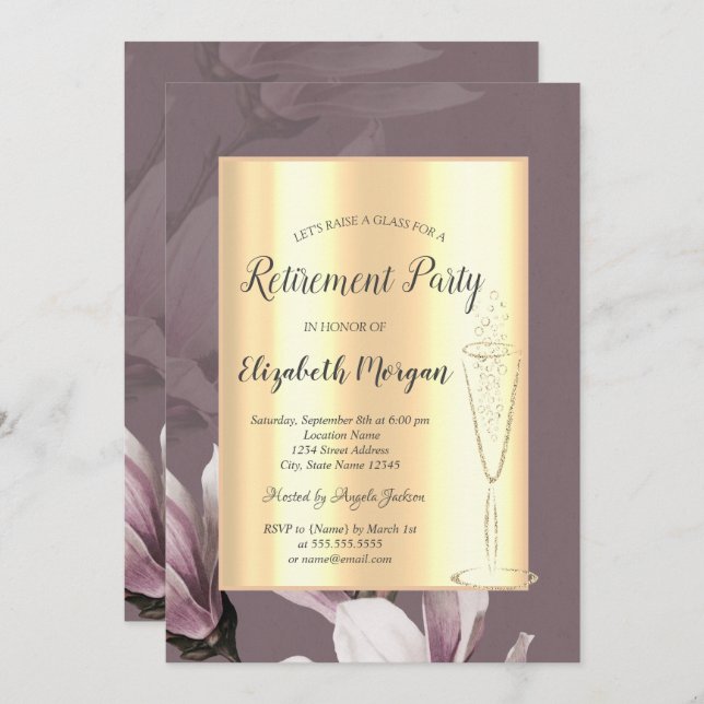 Stylish Gold Wine Glass Magnolia Retirement  Invitation (Front/Back)