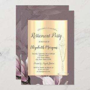 Stylish Gold Wine Glass Magnolia Retirement  Invitation