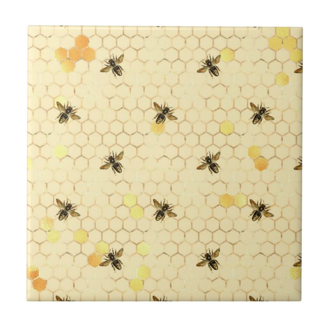 Stylish Gold Yellow Bees Honeycomb Ceramic Tile (Front)