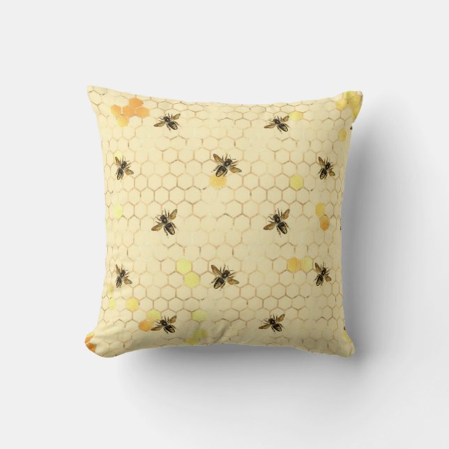 Stylish Gold Yellow Bees Honeycomb Cushion (Front)