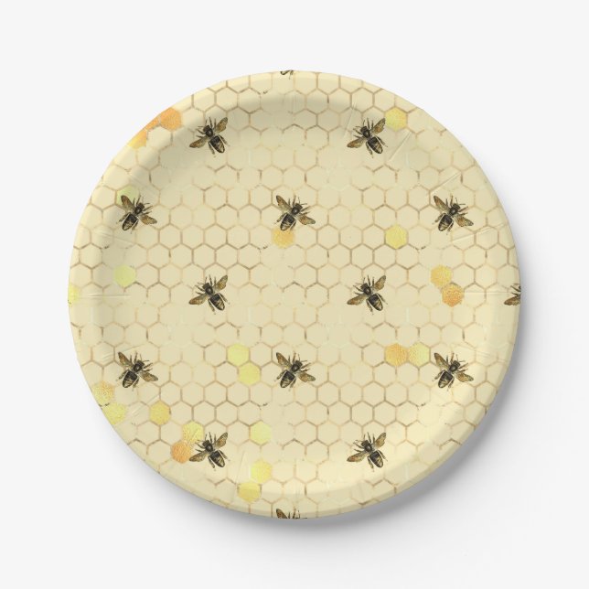 Stylish Gold Yellow Bees Honeycomb Paper Plate (Front)