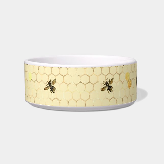 Stylish Gold Yellow Bees Honeycomb Pet Bowl (Front)