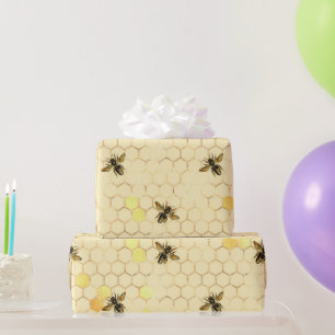 Stylish Gold Yellow Bees Honeycomb Wrapping Paper