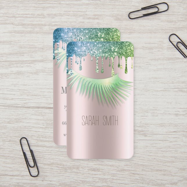 Stylish  Golde Rose Glitter Drips Eyelashes Business Card (Front/Back In Situ)