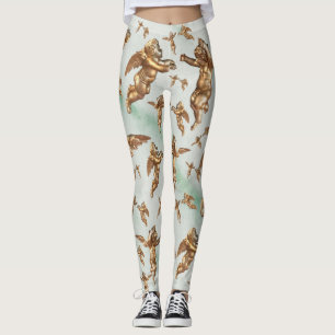 Stylish Golden Angels White Green Leggings