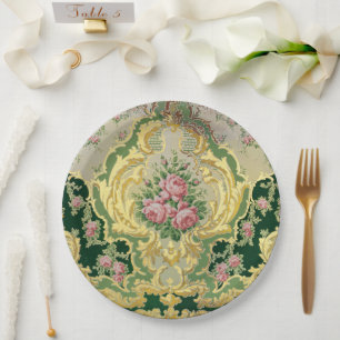 Stylish Golden Baroque Rococo Pink Roses Wedding Paper Plate