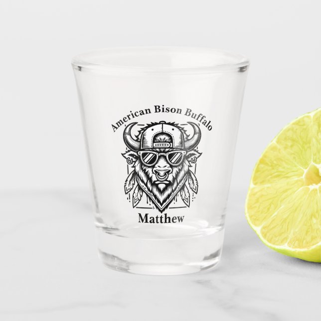 Stylish Golden Bison With Sunglasses and Hat Shot Glass (Front)