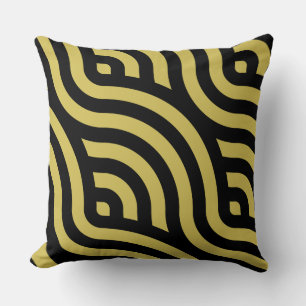 Stylish Golden-Brown & Black Striped Wave Pattern Cushion