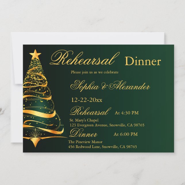 Stylish Golden Christmas tree wedding Rehearsal  Invitation (Front)