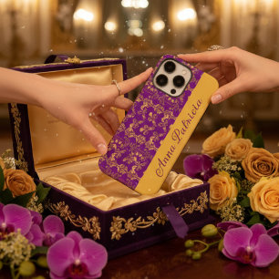 Stylish Golden Damask swirl floral on purple iPhone 16 Pro Max Case