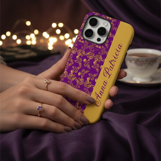 Stylish Golden Damask swirl floral on purple Case-Mate iPhone Case (Creator Uploaded)