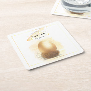 Stylish Golden Egg Happy Easter Pencil Art Square Paper Coaster