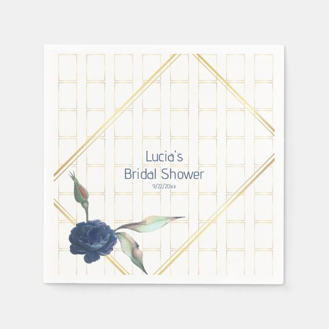 Stylish Golden Frame Navy Floral Bridal Shower Napkin (Front)